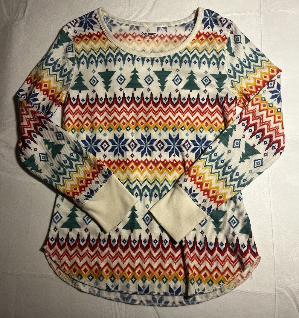 Old Navy Womens M Fair Isle Thermal Top Christmas Trees Long Sleeve Holiday